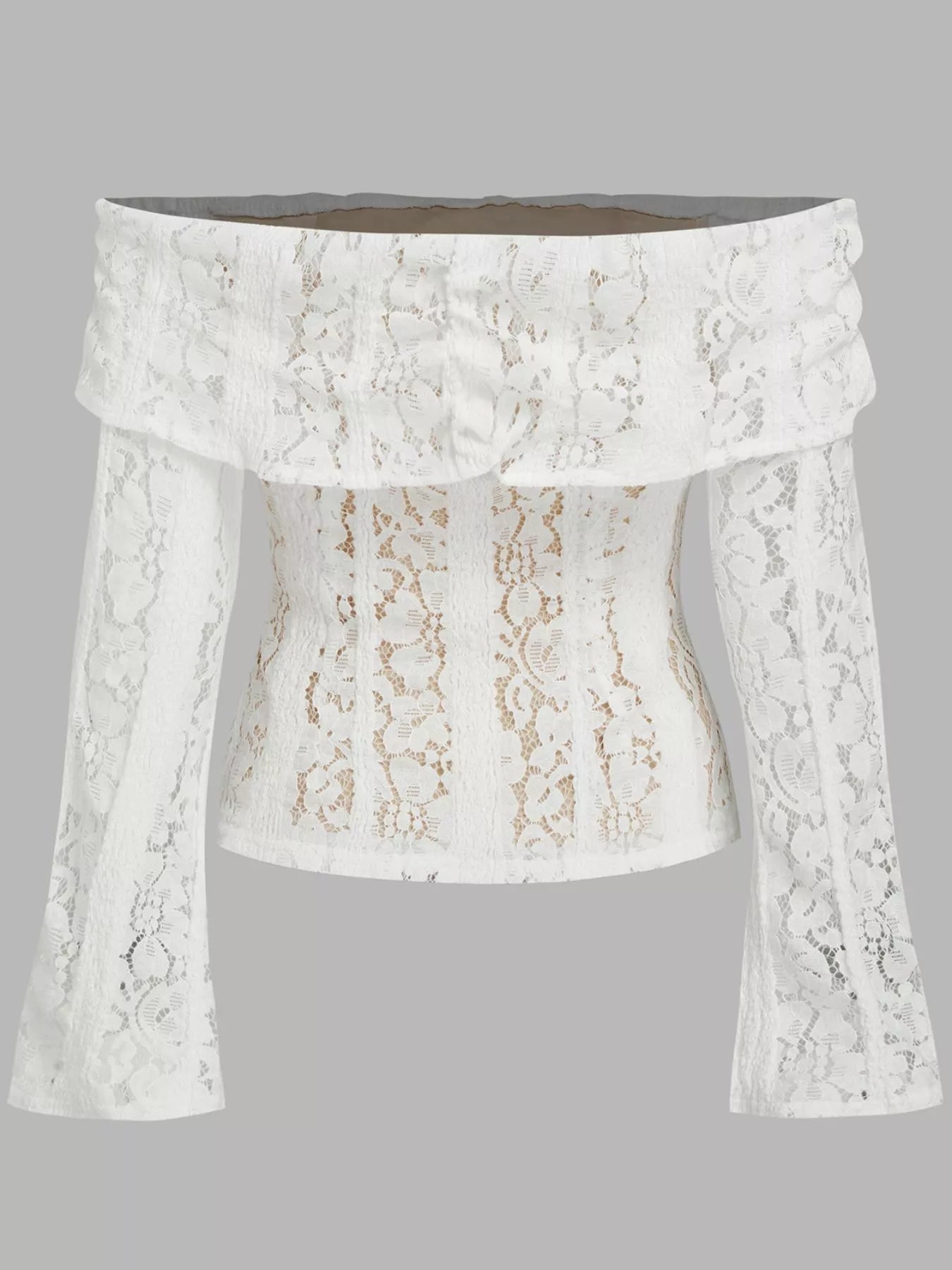 Off-Shoulder Lace Top with Bell Sleeves OutfitFlow