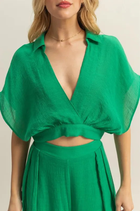HYFVE Kimono Sleeve Crop Top and Wide Leg Pants Set OutfitFlow