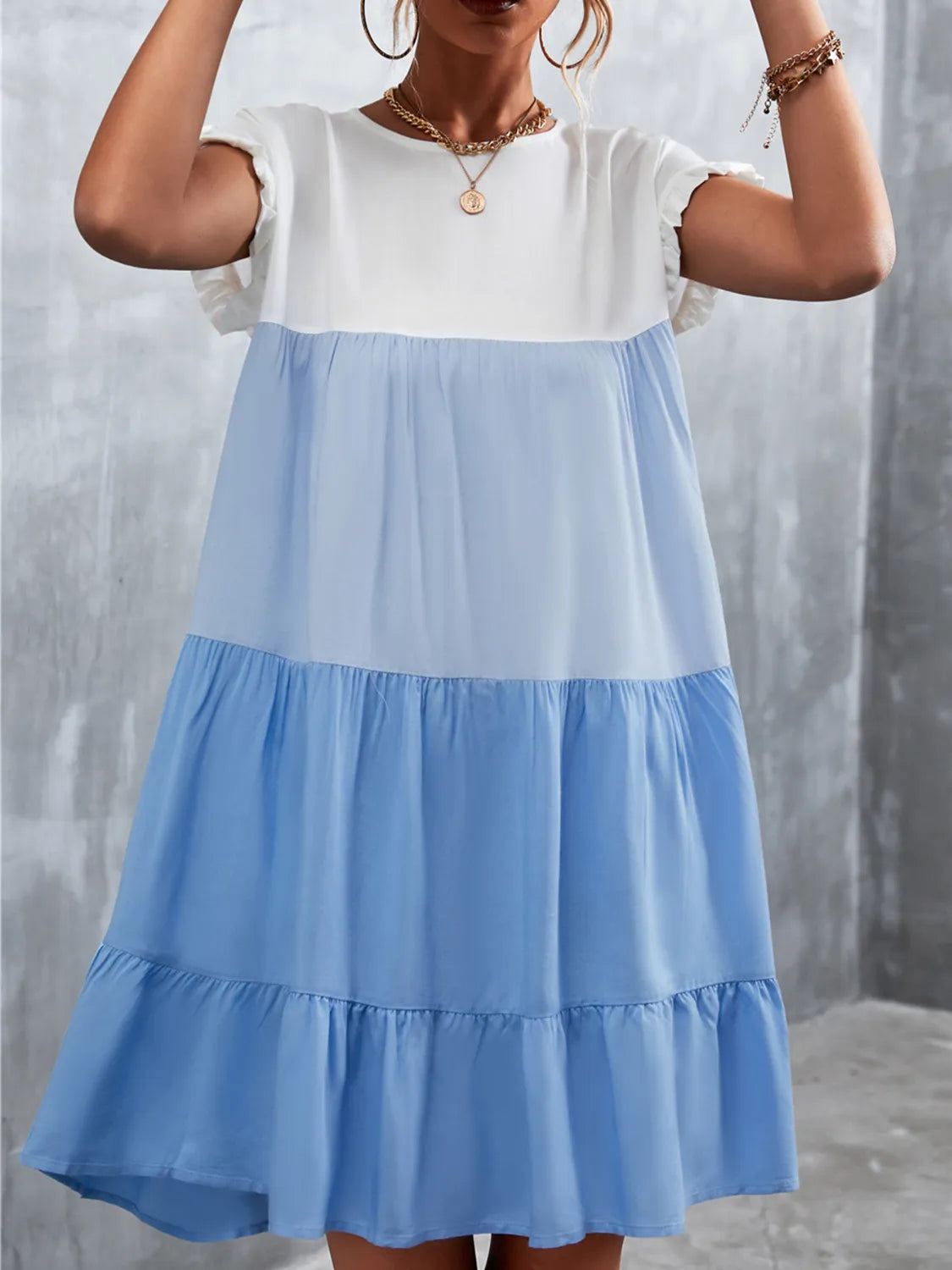 Color Block Round Neck Short Sleeve Dress OutfitFlow