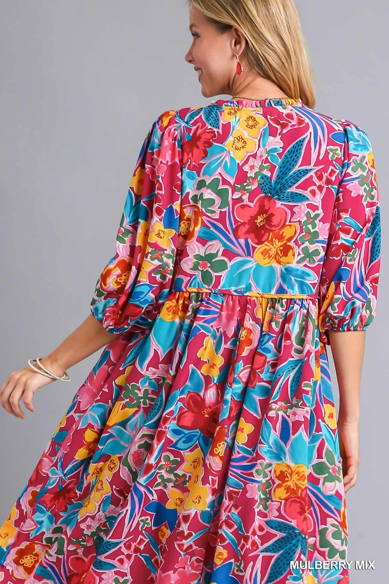 Umgee Full Size Floral Print Tie Neck Midi Dress with Pockets Plus Size Trendsi