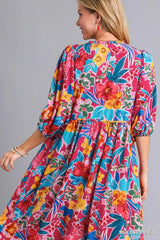 Umgee Full Size Floral Print Tie Neck Midi Dress with Pockets Plus Size Trendsi