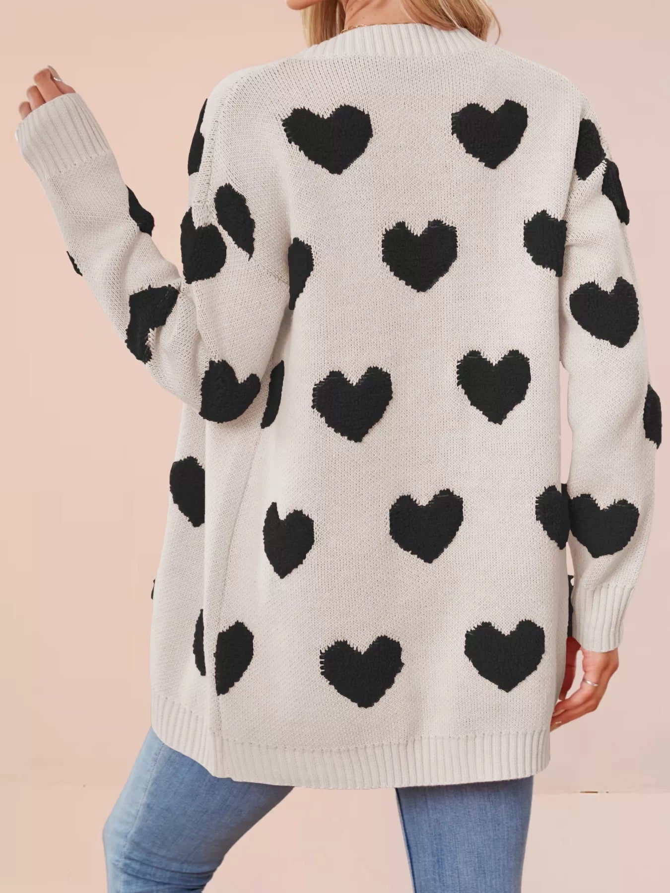 Heart Pattern Knit Button-Up Cardigan OutfitFlow