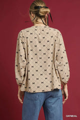 Umgee Corduroy Bow Print Balloon Sleeve Blouse Trendsi
