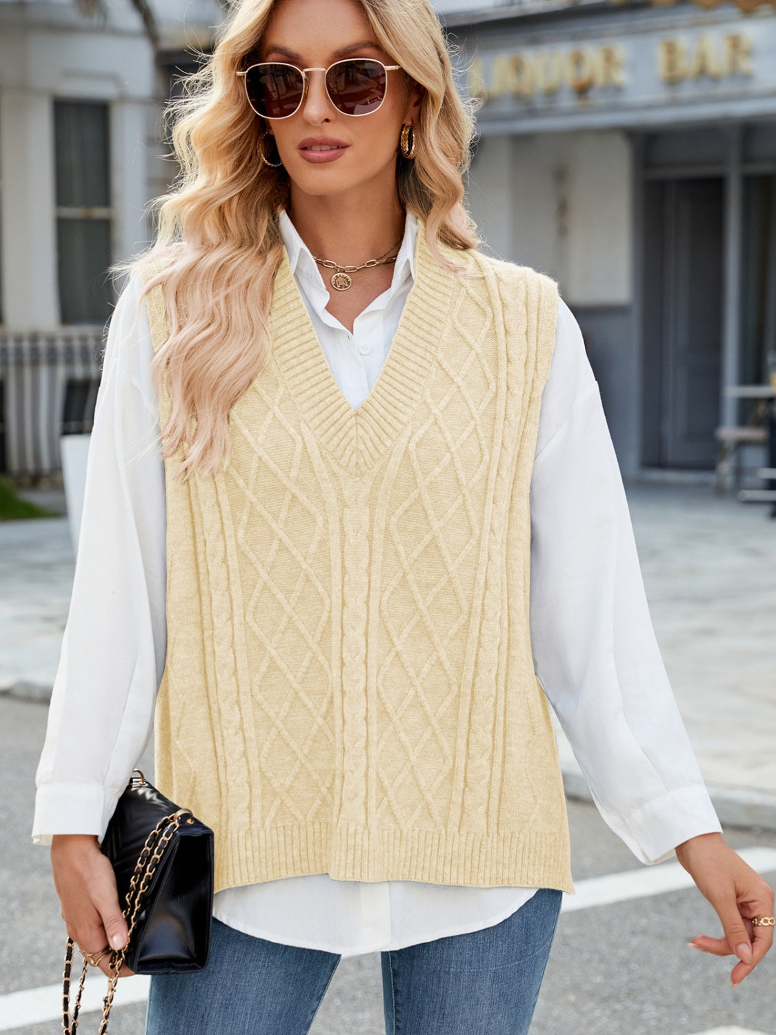 Outfit Flow - Cable Knit V-Neck Sweater Vest