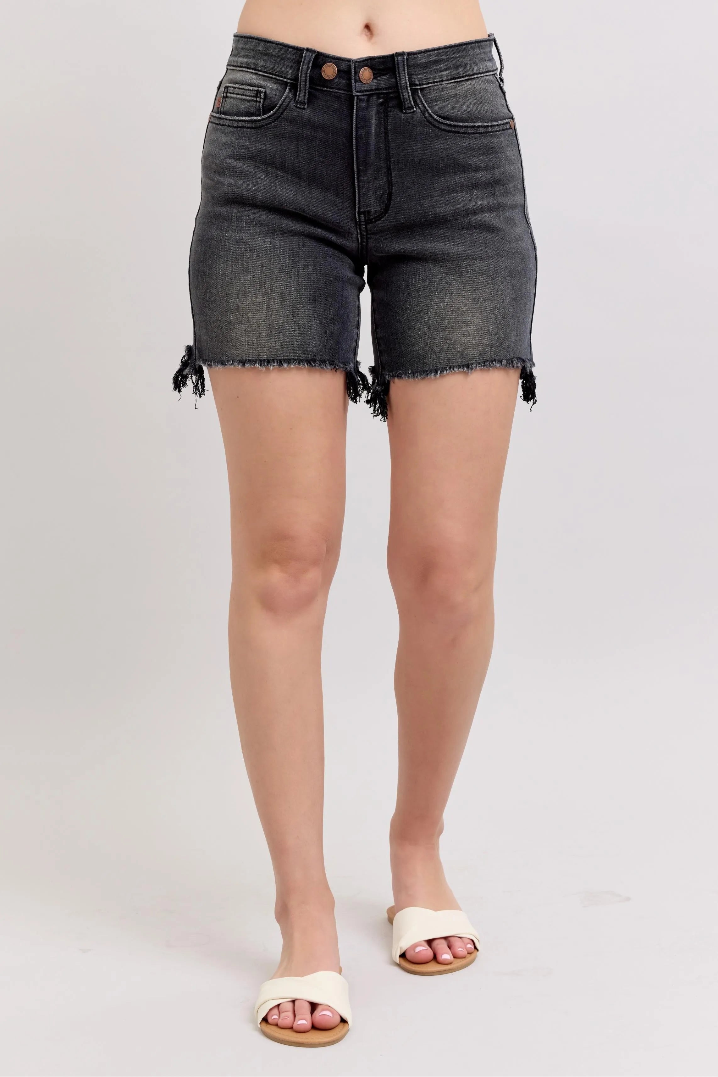 Judy Blue Full Size Long Cut Off 2 Button Dad Denim Shorts Plus Size OutfitFlow