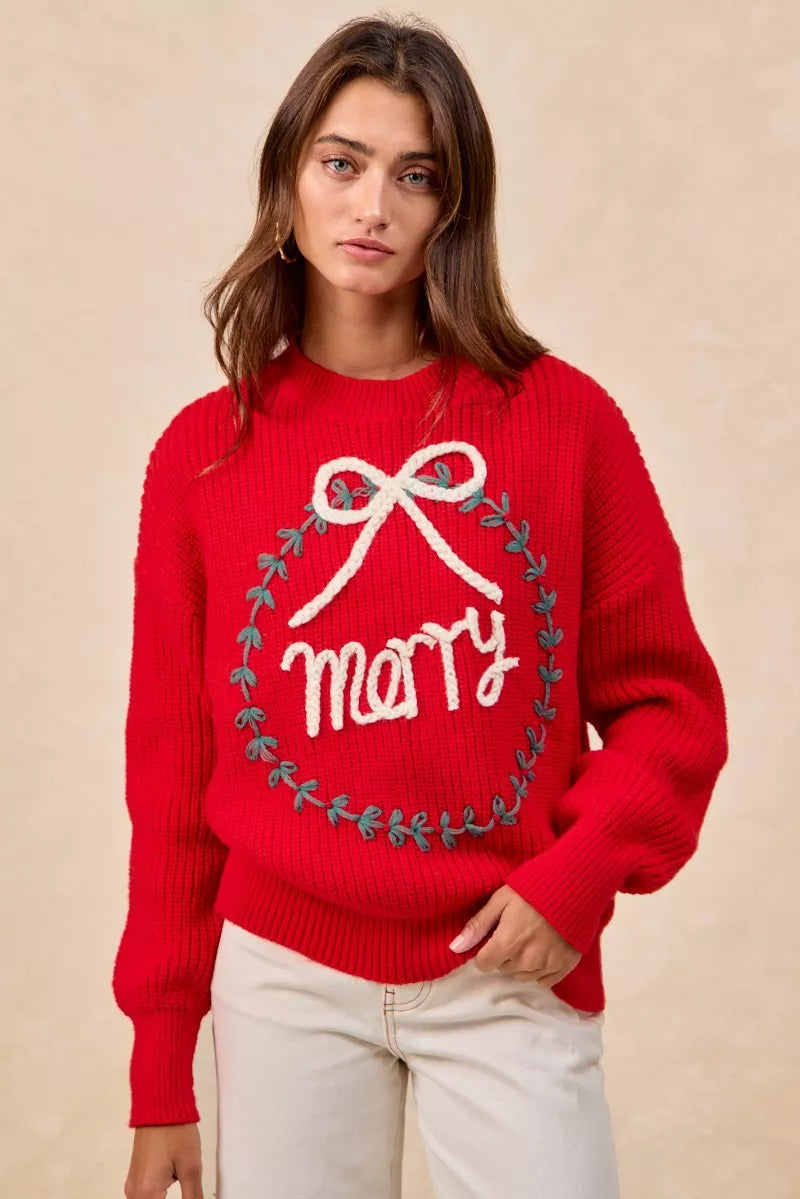 BiBi Christmas Wreath Merry Letter Knit Top OutfitFlow