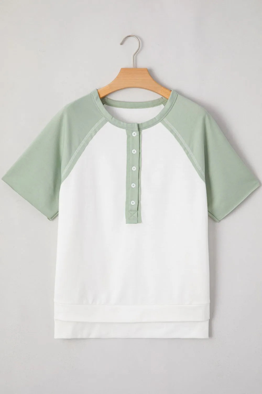 Color Block Raglan Short Sleeve Half Buttons High Low T Shirt OutfitFlow