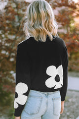 Round Neck Floral Pattern Color Contrast Design Long Sleeve Sweater