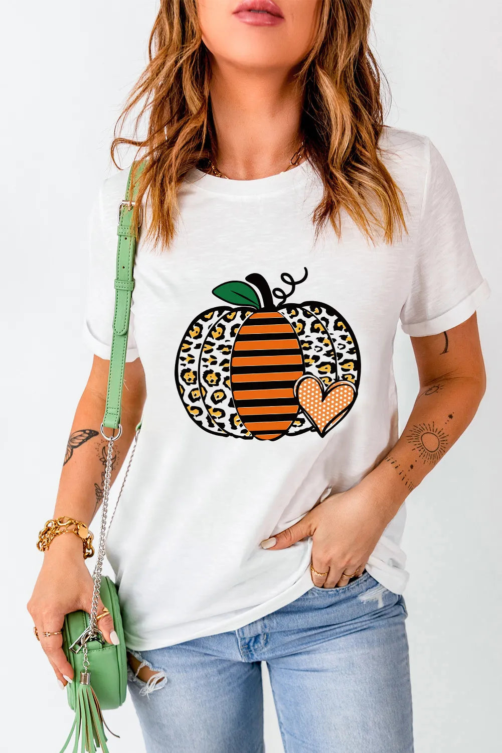 Pumpkin Graphic Round Neck Short Sleeve T-Shirt OutfitFlow