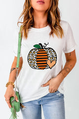 Pumpkin Graphic Round Neck Short Sleeve T-Shirt OutfitFlow