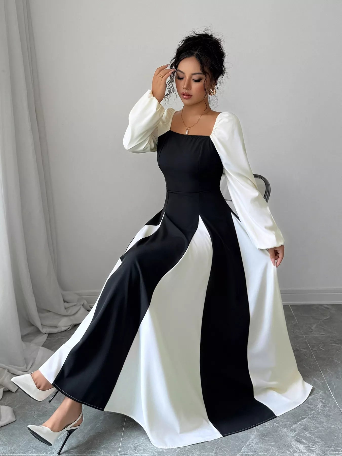 Color Block Square Neck Maxi Dress OutfitFlow
