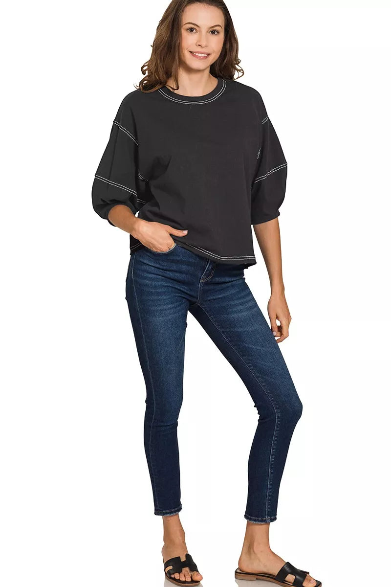 Zenana Balloon Sleeve Top with Contrast Stitching OutfitFlow
