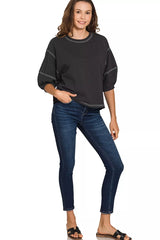 Zenana Balloon Sleeve Top with Contrast Stitching OutfitFlow