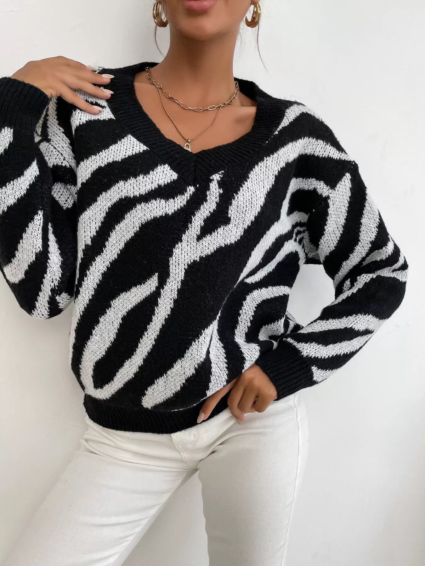 Zebra Print Relaxed Fit Pullover Sweater OutfitFlow