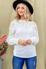 And The Why Flower Gold Embroidery Shoulder Detailed Top IVORY OutfitFlow