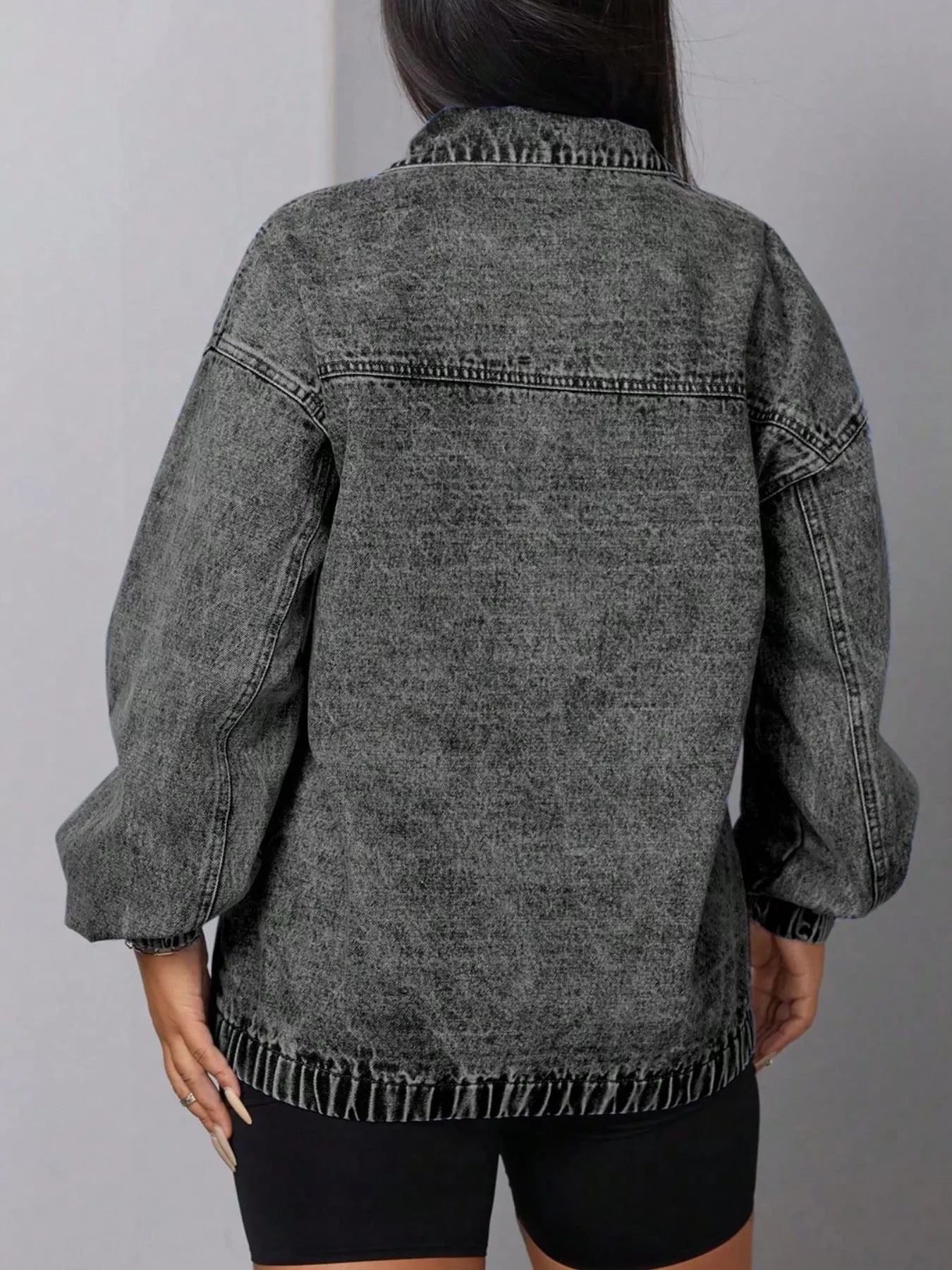 Elastic Hem Quarter Zip Denim Top OutfitFlow