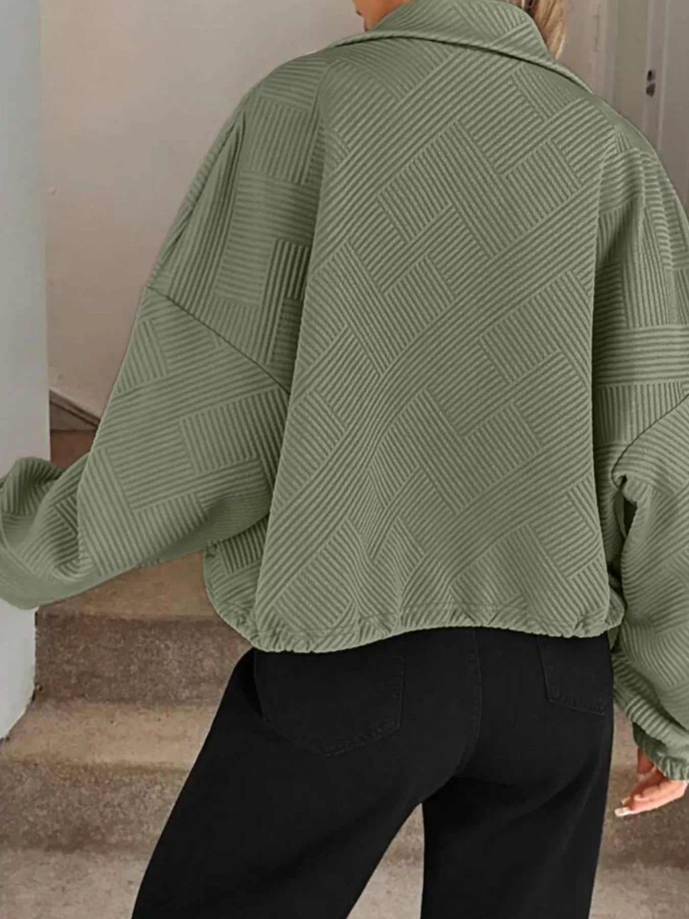 Textured Zip-Up Drawstring Hem Jacket Trendsi