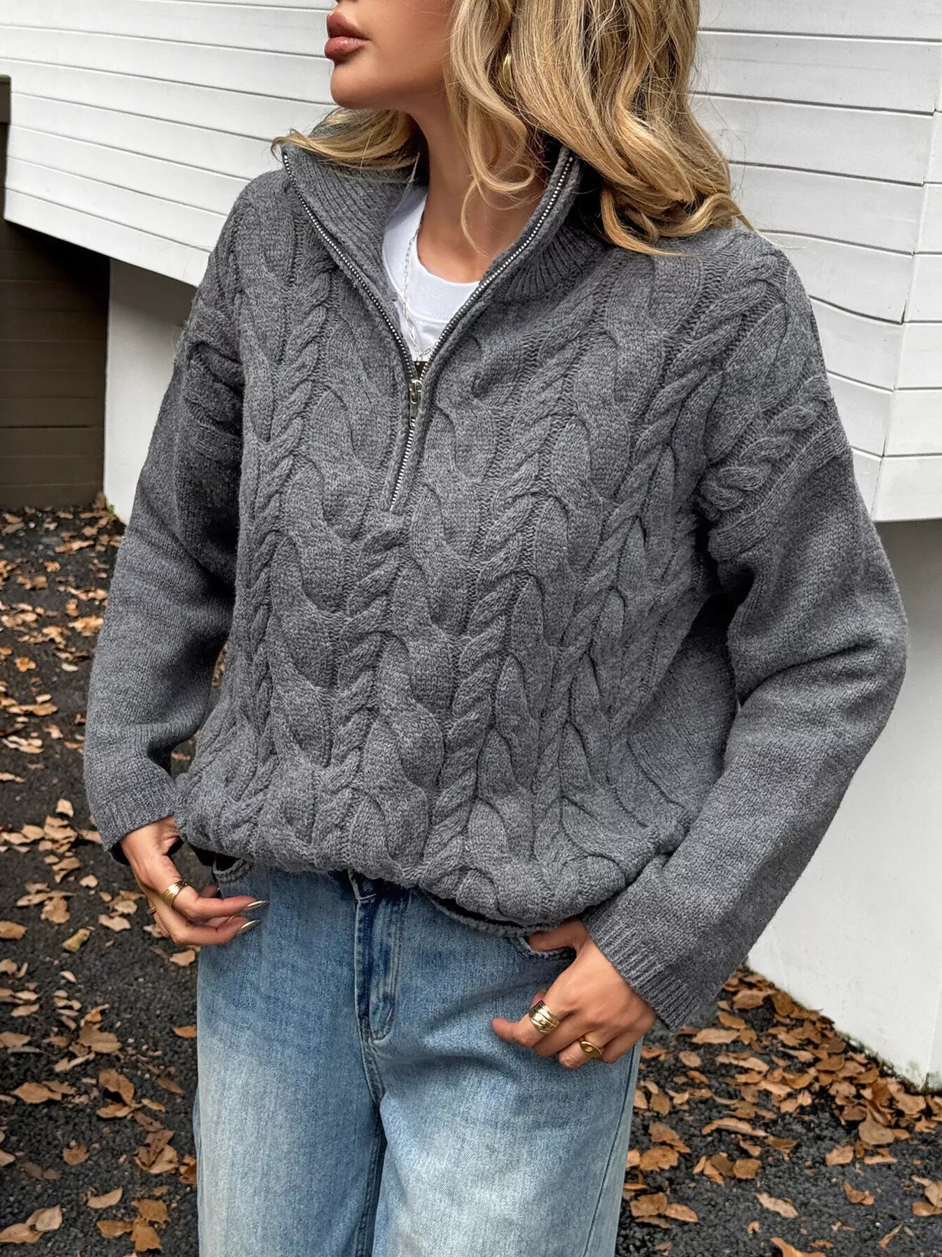 Zip Collar Cable-Knit Sweater OutfitFlow