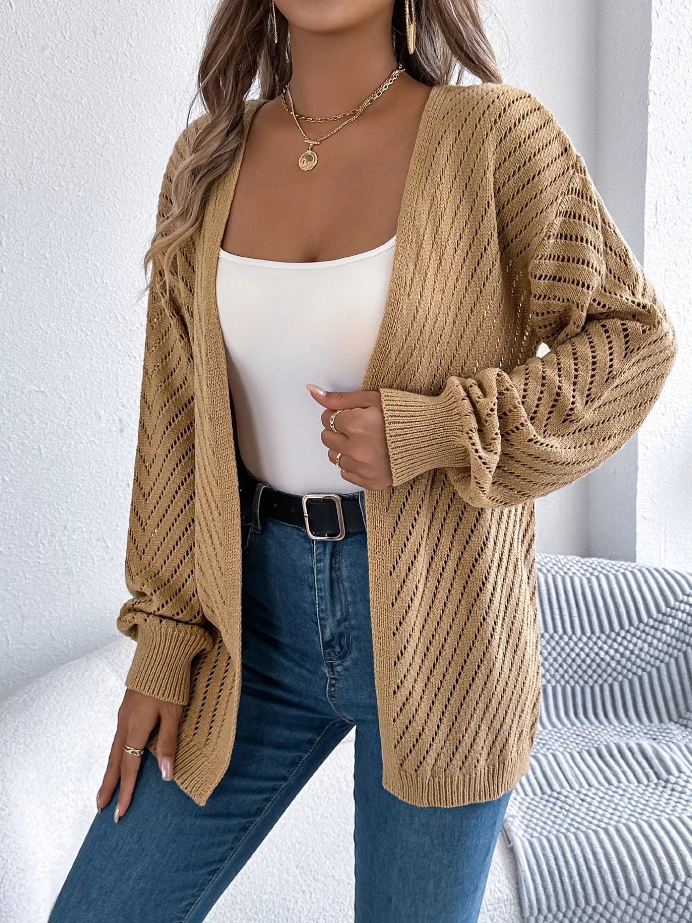 Openwork Open-Front Long Sleeve Cardigan OutfitFlow