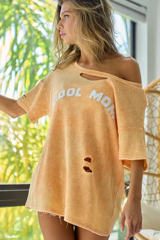 BiBi Washed Laser Cut Detail Cool Mom Print Thermal Top OutfitFlow
