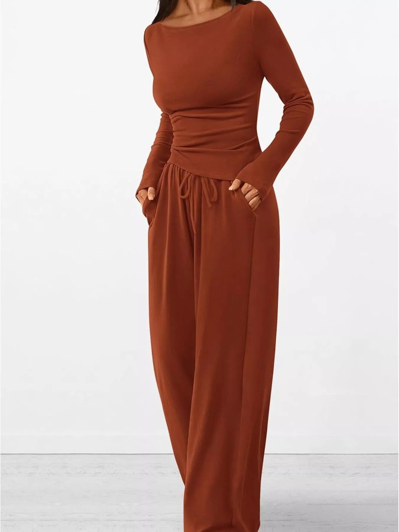 Long Sleeve Top and Wide Leg Pants Set OutfitFlow
