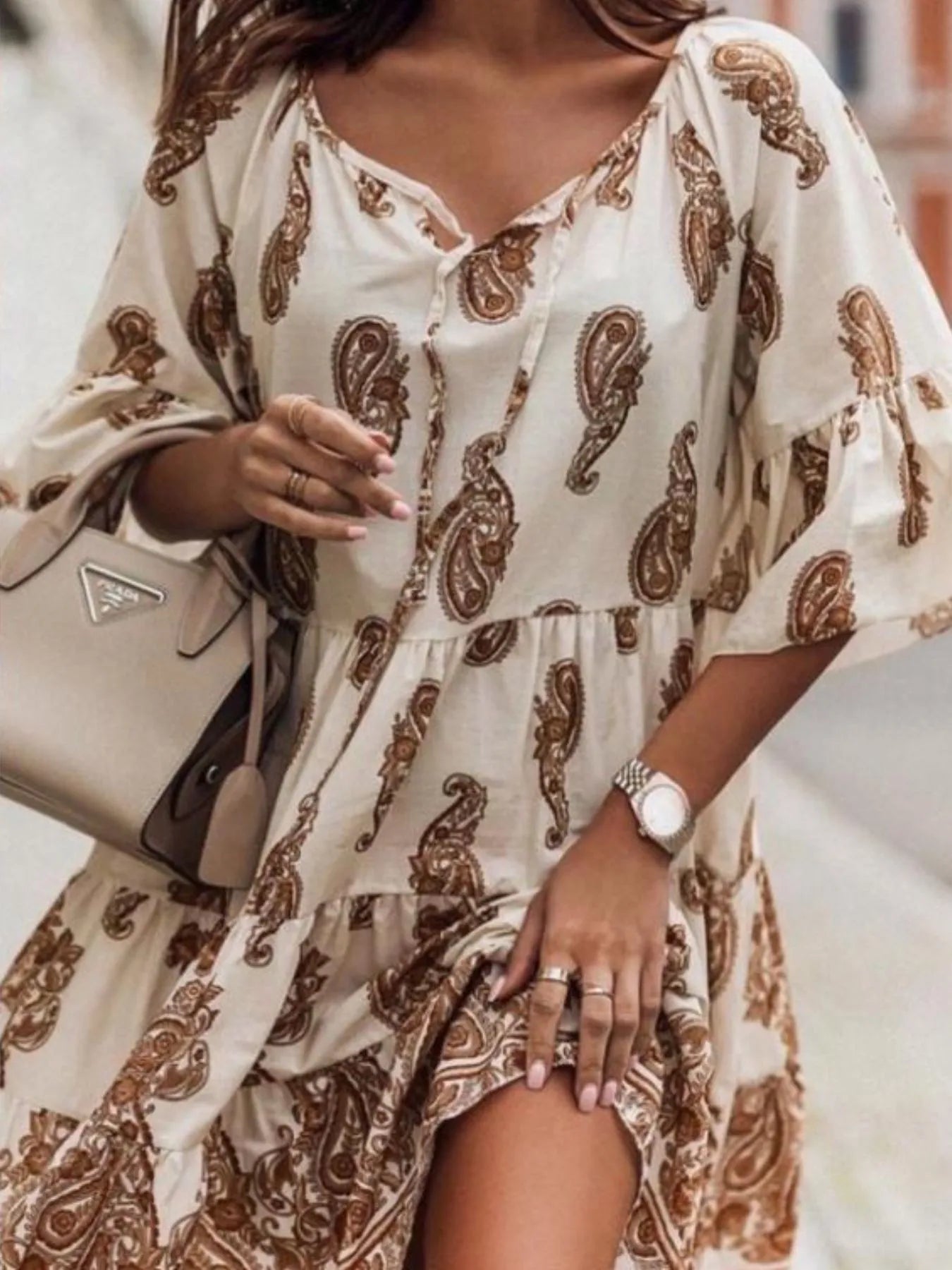 Paisley Print Tie Neck Half Sleeve Mini Dress OutfitFlow