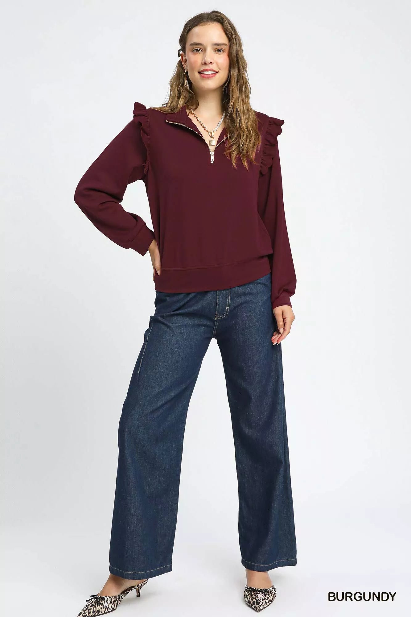 Umgee Luxeknit Ruffle Shoulder Quarter-Zip Sweatshirt Trendsi