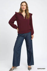 Umgee Luxeknit Ruffle Shoulder Quarter-Zip Sweatshirt Trendsi