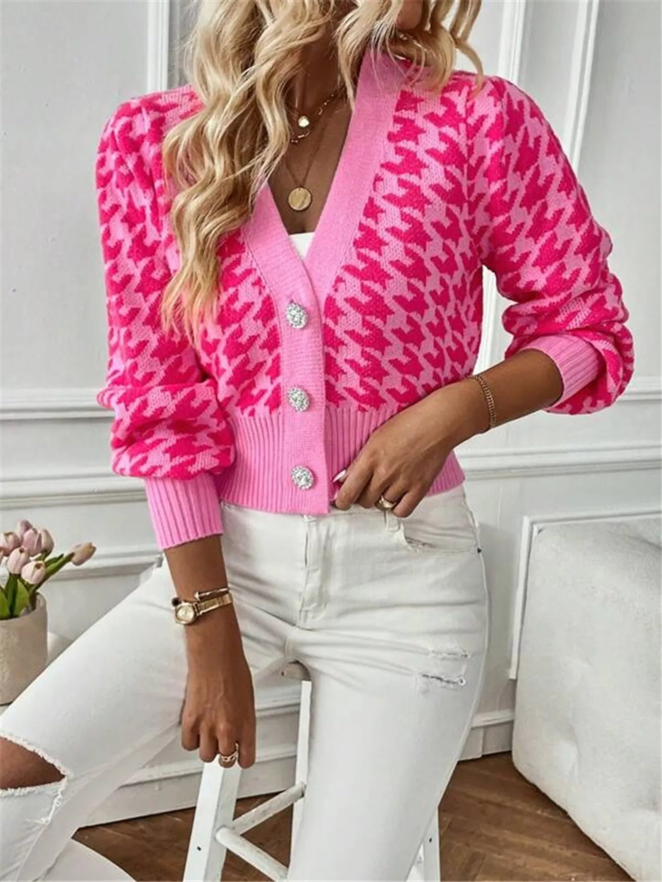 Houndstooth V-Neck Button Up Cardigan OutfitFlow