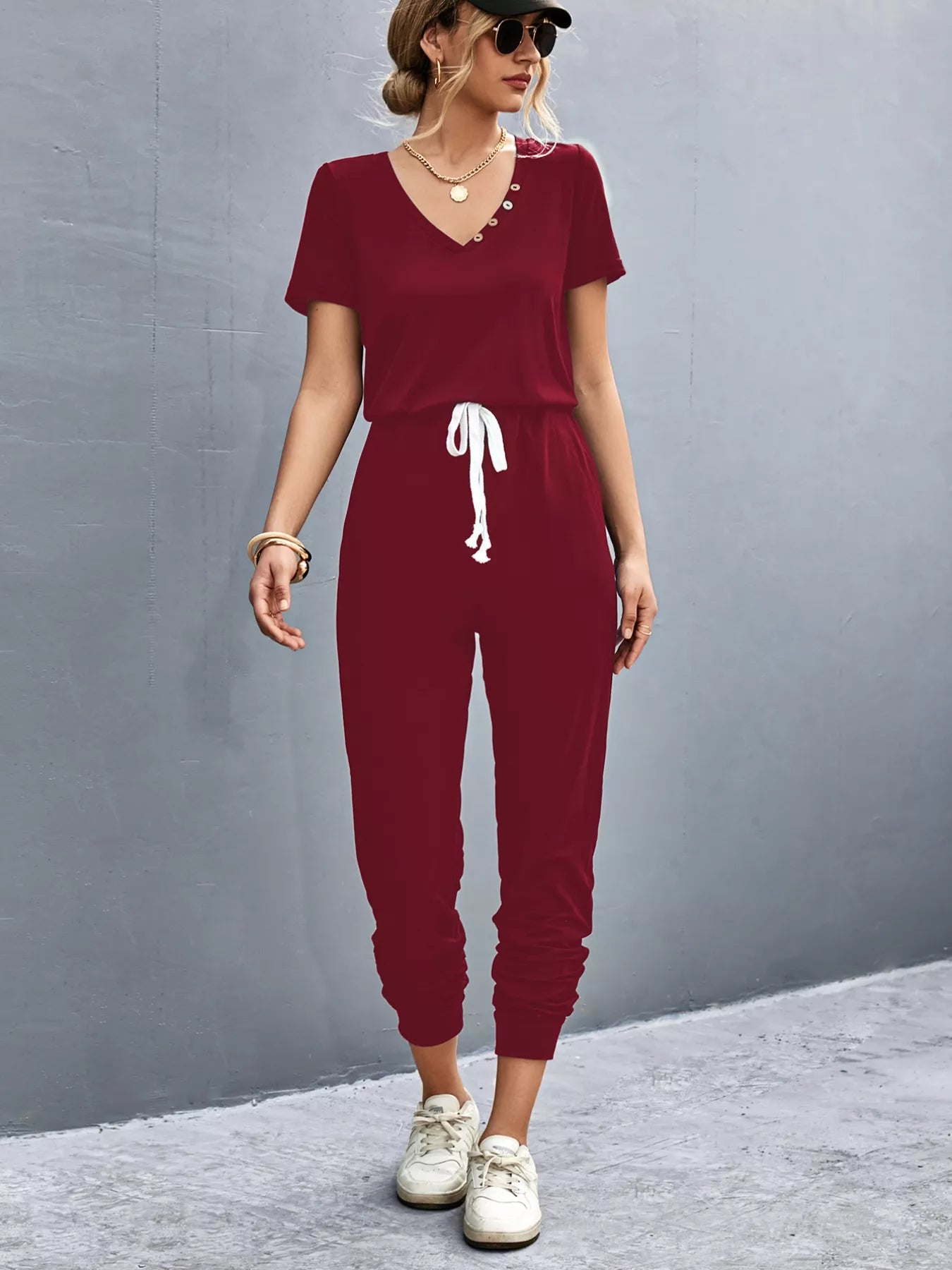 Casual V-Neck Short Sleeve Drawstring Waist Jumpsuit Trendsi
