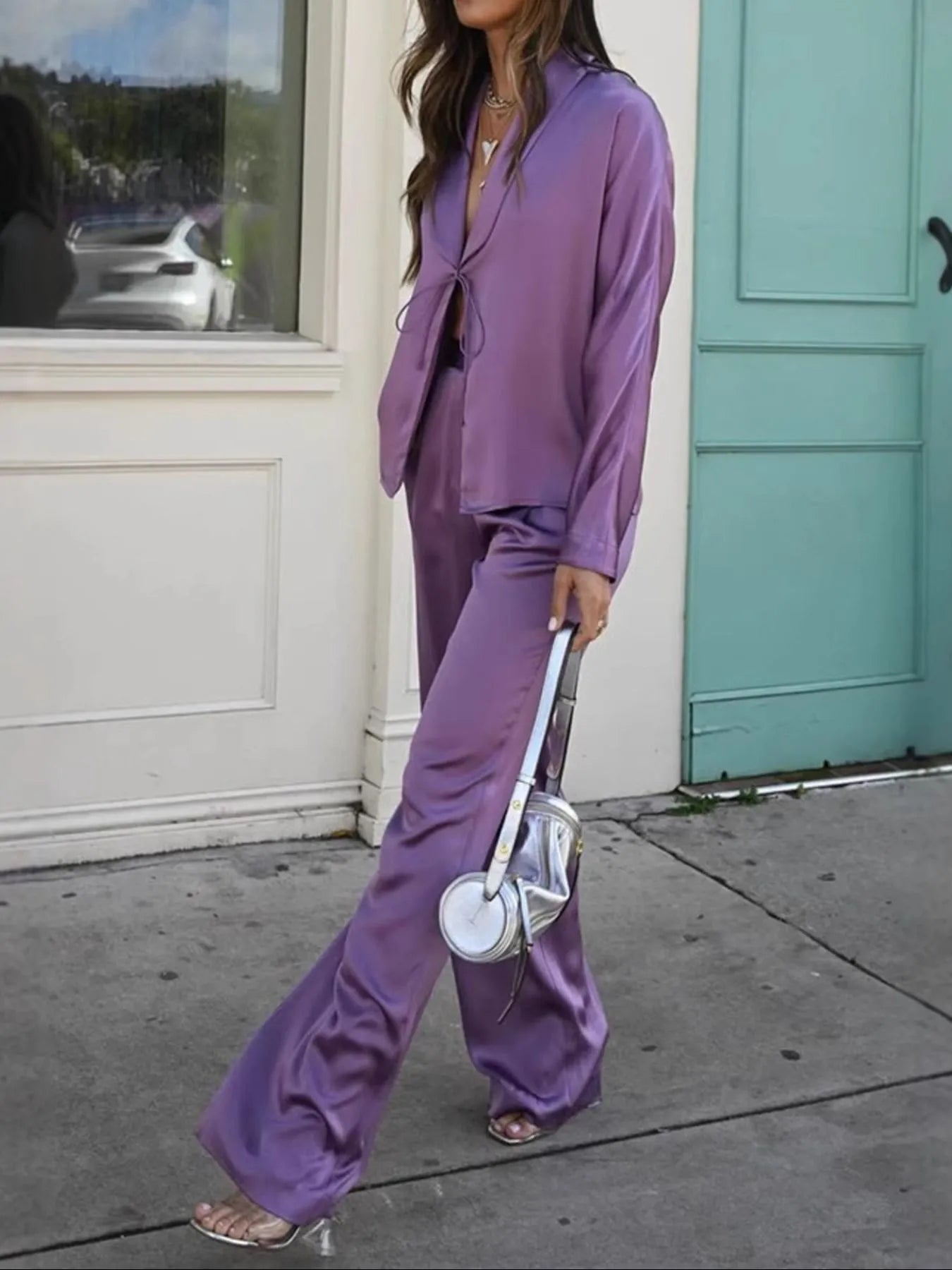 Open Front Tied Top and Pants Set OutfitFlow