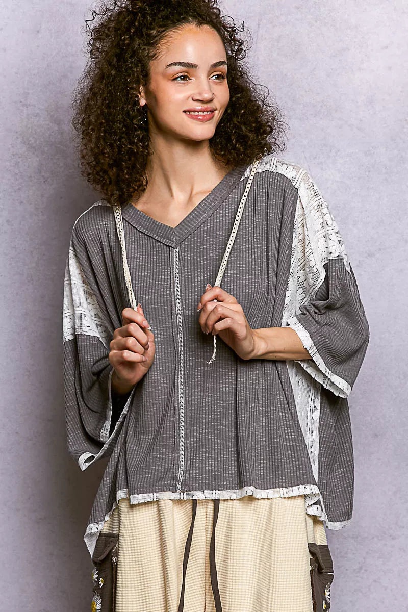 POL Short Sleeve Hoodie Top with Lace Detail GREY OutfitFlow