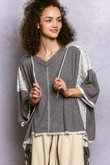 POL Short Sleeve Hoodie Top with Lace Detail GREY OutfitFlow