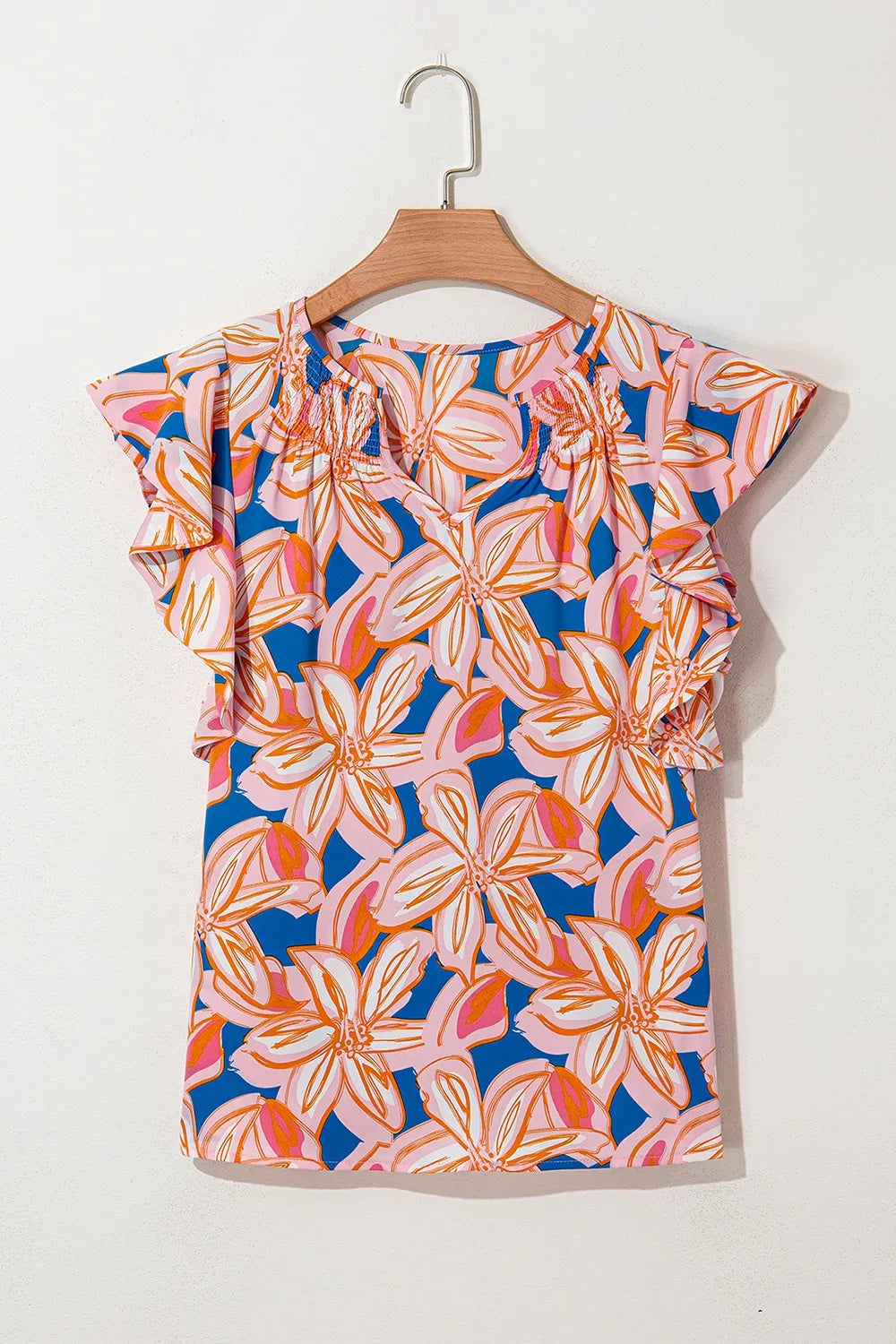 Flower Print Notched Neck Ruffle Sleeve Blouse OutfitFlow