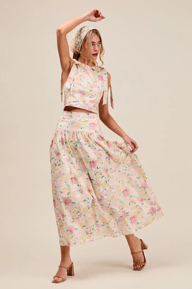SO ME Floral Printed Woven Shoulder Bow Tie Top and Skirt Set OutfitFlow