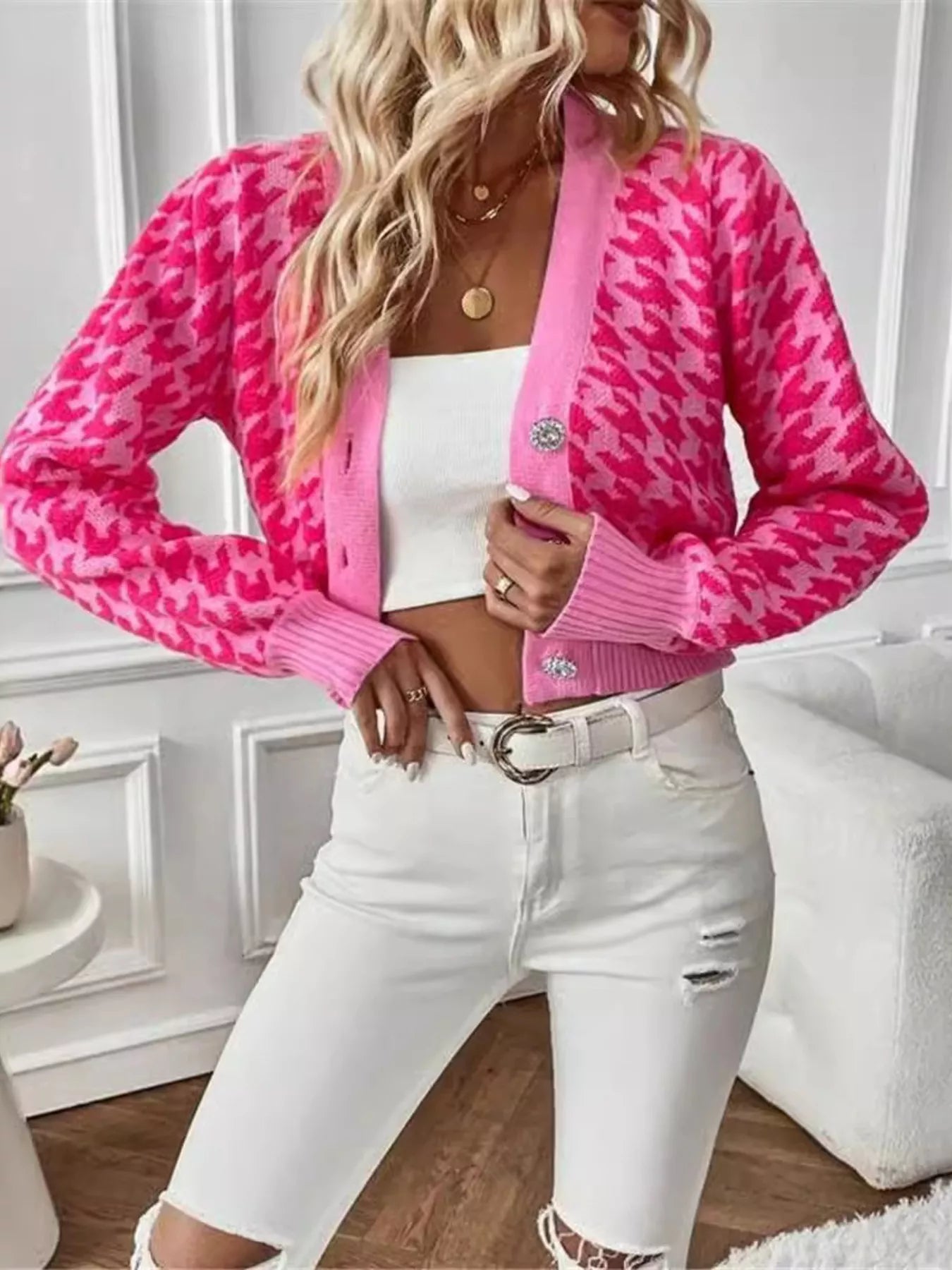 Houndstooth V-Neck Button Up Cardigan OutfitFlow