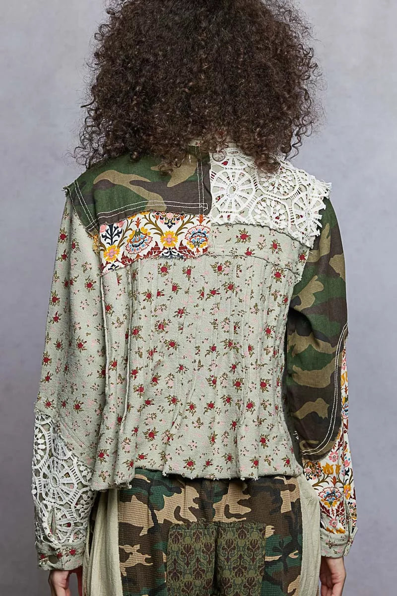 POL Floral Printed French Terry Jacket with Crochet Contrast OutfitFlow