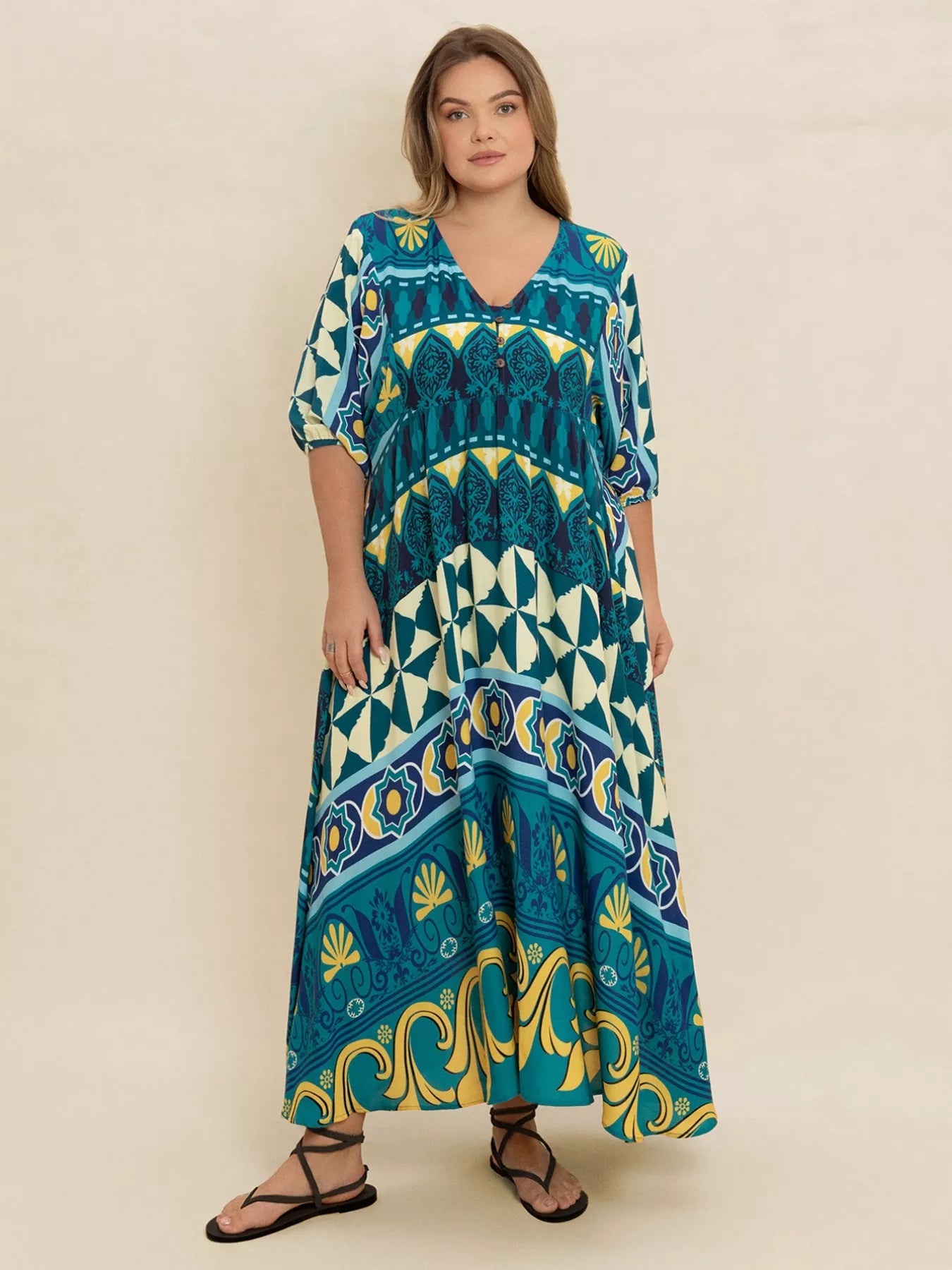 Plus Size Printed V-Neck Half Sleeve Midi Dress OutfitFlow