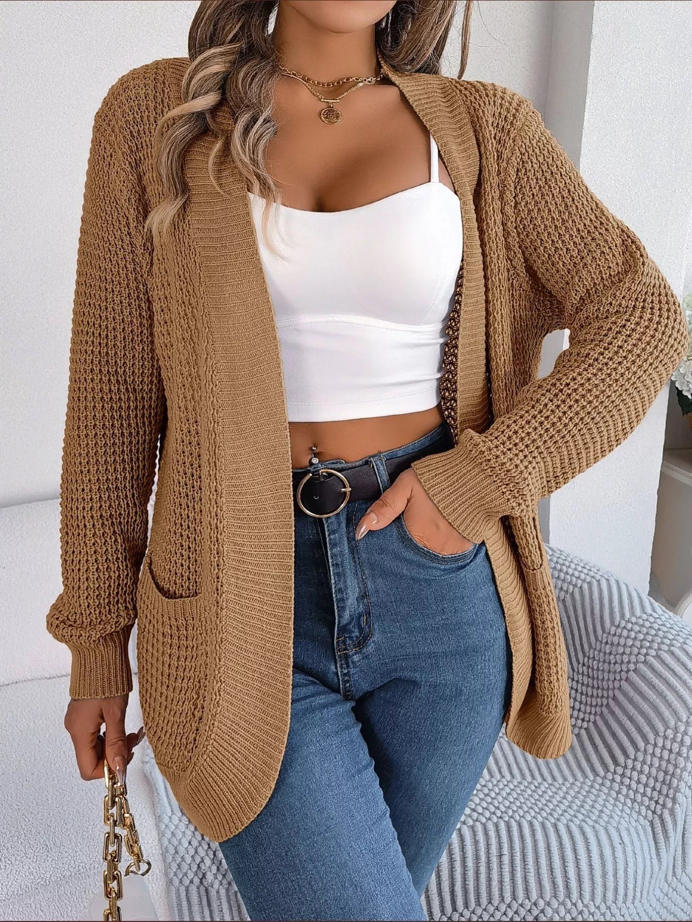 Chunky Knit Open Front Cardigan with Pockets Taupe OutfitFlow