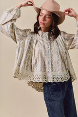 SO ME Floral Print Lace Button Down Shirt OutfitFlow