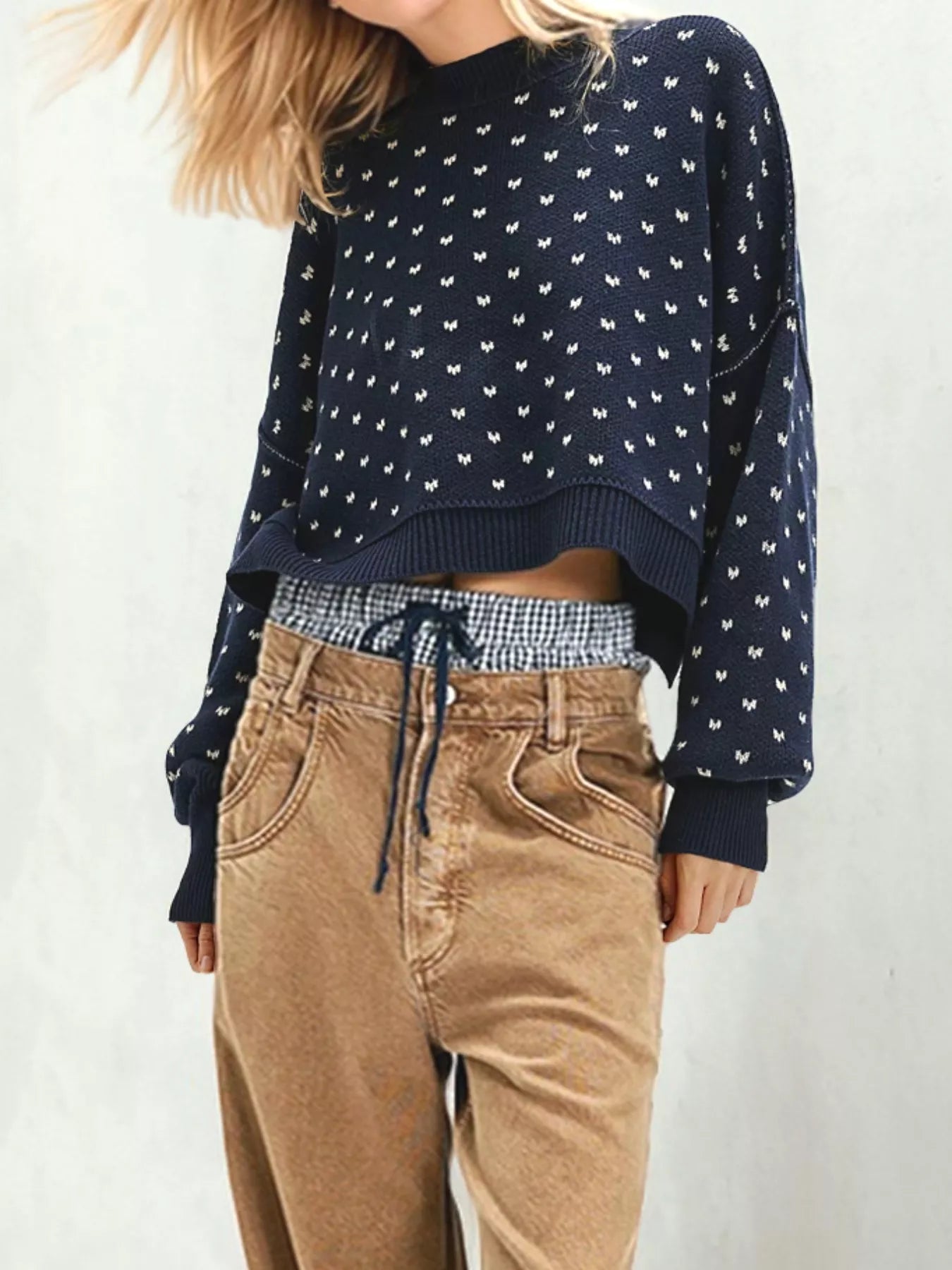 Heart-Patterned Round Neck Sweater OutfitFlow