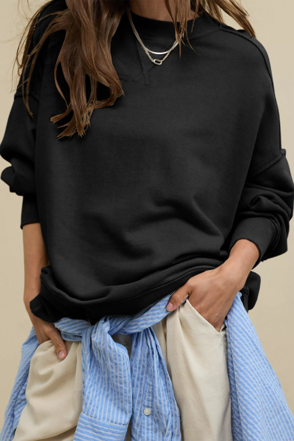 Outfit Flow - Side Slit Round Neck Long Sleeve Sweatshirt