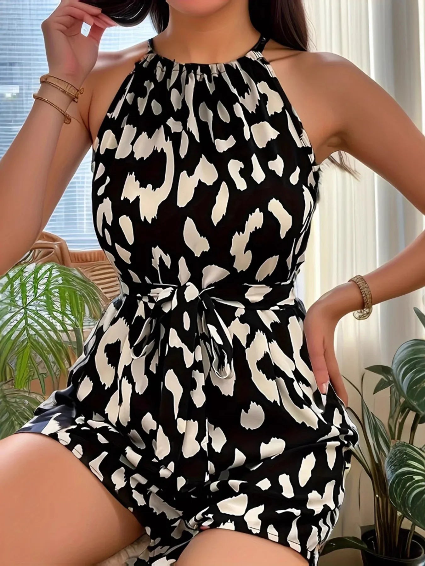 Leopard Print Halter Neck Belted Summer Romper OutfitFlow