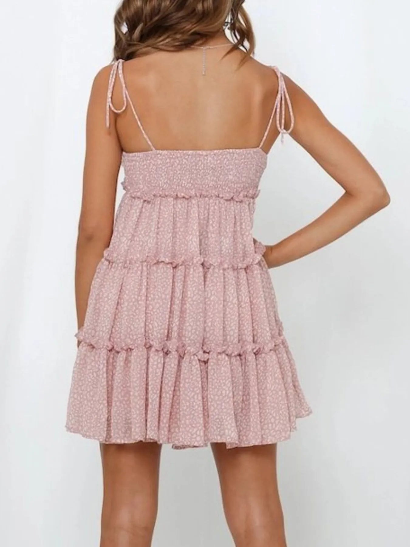 Printed Tie-Strap Tiered Mini Dress OutfitFlow