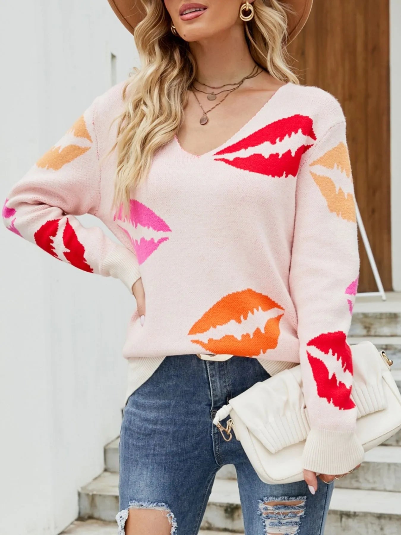 Colorful Lips V-Neck Sweater OutfitFlow