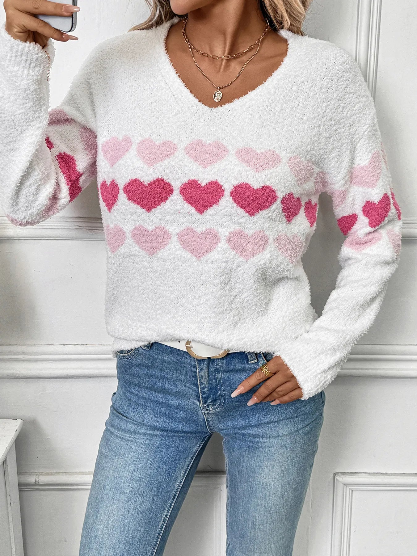 Heart Pattern V-Neck Sweater OutfitFlow