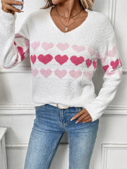 Heart Pattern V-Neck Sweater OutfitFlow