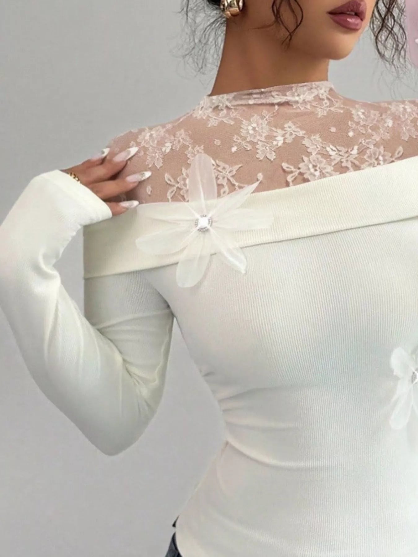 Lace Detail Long Sleeve Top OutfitFlow