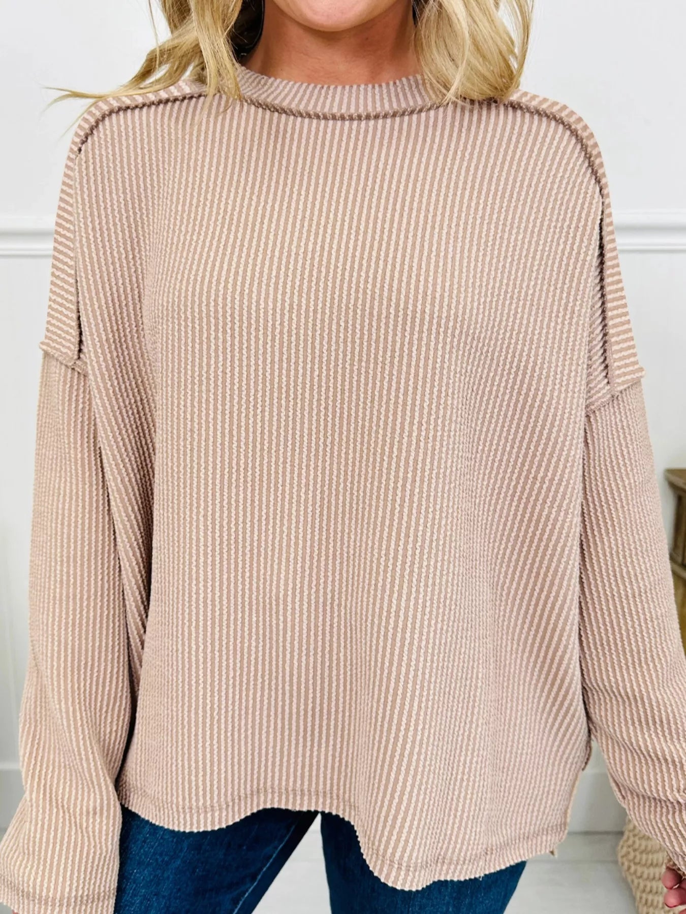 Twist Ribbed Exposed Seam Detail Long Sleeve Loose Top OutfitFlow