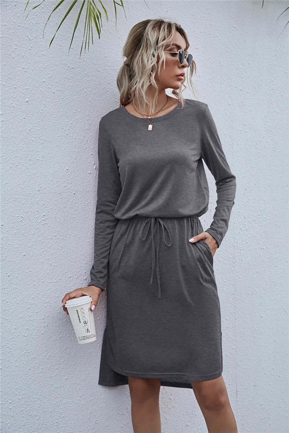 Drawstring Waist Round Neck Long Sleeve Dress OutfitFlow